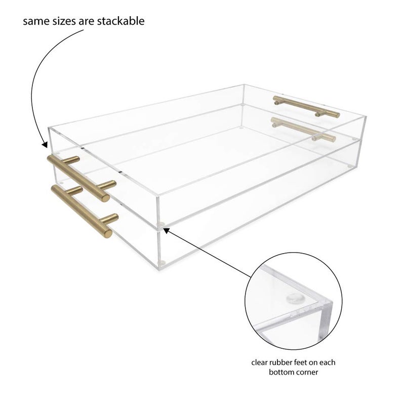 Isaac Jacobs Clear Acrylic Serving Tray (11x17) with Gold Metal Handles, Spill-Proof, Stackable Organizer, Food & Drinks Server, Indoors/Outdoors, Lucite Storage DÃ©cor (11x17, Clear with Gold Handle) - Image 5